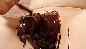 Japanese gay couple cooking chocolate banana in steamy scene