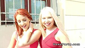 redhead teen and euro blonde get group banged at the party.