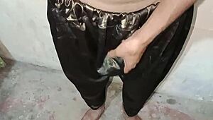 Pakistani bisexual gay boy jerks off his monster cock with shining silk fabric while talking dirty.