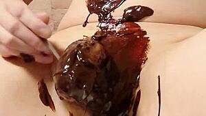 Japanese gay couple cooking chocolate banana in steamy scene