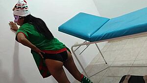 Sensual female elf indulges in Christmas fantasies on hospital gurney