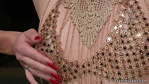 Hey, blonde milf worships the kinky shemale domme's ass and cock orally