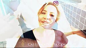 this amateur blonde milf teases with her feet, giving a sensual footjob to the cock