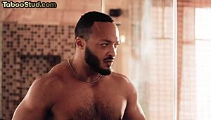 Gay men having anal sex without a condom after a group orgy with a tattooed bodybuilder giving an under the table blowjob