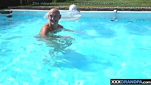 Inked Blonde Teen Fucks Grandpa in Pool Outdoor