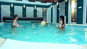 hey, 3 stunning bombshells sharing 1 cock by the pool