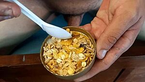 amateur gay twink covers food with cum in sexy fetish play