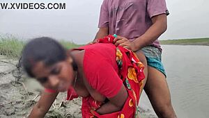 Indian couple gets wild with Bowdi bent over for hard fucking by the river.