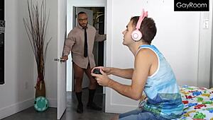 Gamer stepson rides stepdad's black cock in intense interracial assplay