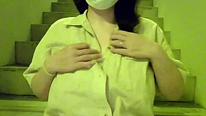 Chubby Japanese Milf Masturbates Boldly On Apartment Stairs!