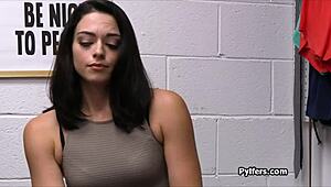 Pretty teen 18+ thief strips and gets clothes ripped while deepthroating monster cock in her face