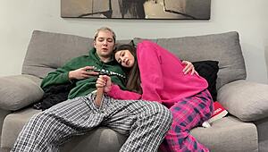 step brother jerks off to porn beside step sister, but she grabs his cock for a handjob instead