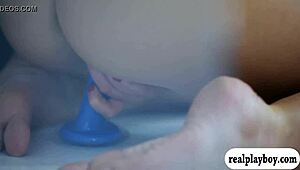 Two glamour babes fuck blue dildo passionately