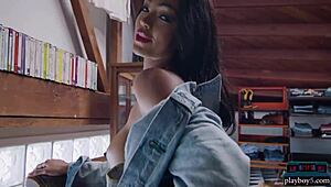 Big booty ebony babe Harley Dean teases in jeans. Her solo striptease for Playboy shows big tits.