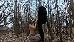 Topless thick girl sucks cock in the park with big tits