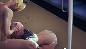 Yaoi femboy får hård sex i tunnelbanan med sissy crossdress japansk anime action