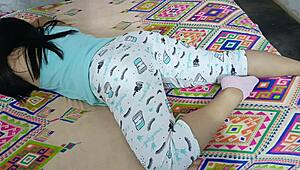 Wow, this horny latina stepmom lets them see her panties while getting ass fucked, almost caught deepthroating