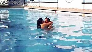 Chubby housewife gets naughty in public pool with me