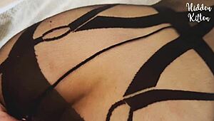 Busty brunette babe in bodysuit gets caught on camera