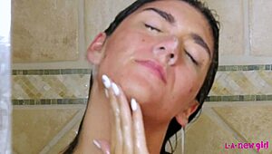 aww, cute brunette gets steamy in shower, so hot! 🛁