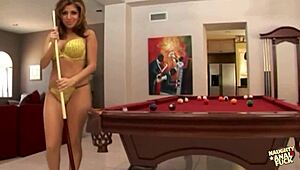 brunette seduces man with pool game in lingerie, leading to anal sex
