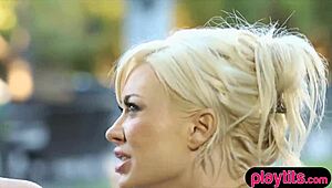 busty trophy wife gets massage from masseuse outdoors