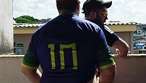 tbt eating young guy outdoors with audience watching.