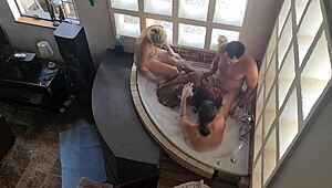 Wow! Spa Bath Orgy With Three Girls And One Guy In Reverse Gangbang Interracial Action!