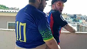 tbt eating young guy outdoors with audience watching.