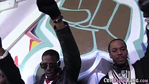 Slender teen in blowbang, suck and tug those huge BBCs right now!