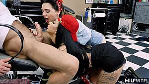 Bad milfs with tattoos give blowjobs in cougar style