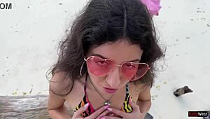 Golden shower for Katty right on the public beach