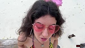 Golden shower for Katty right on the public beach