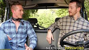 Hunky gay blows and rides his tattooed friend’s raw cock outdoors.