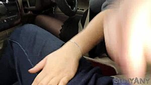 risky handjob in car while driving with sanyany nylon