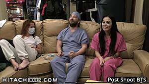 Patient Blaire Celeste moans under Hitachi wand magic during exam.