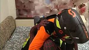 Spiderman and biker in hot gay scene