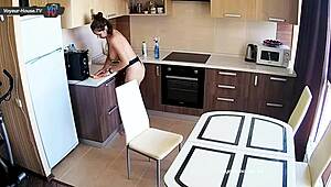 Is that big tits beauty cleaning the kitchen?