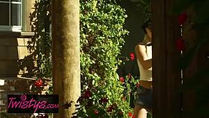 Kenzie Taylor and Milana May engage in outdoor lesbian sex with dildos, tattoos, and big tits.