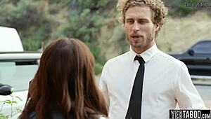 Pornstar performs missionary blowjob on teen brunette