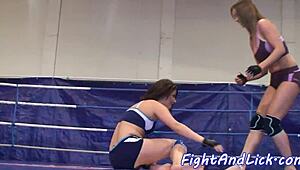 wrestling euro cuties passionately lick each other's pussies