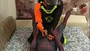 Spiderman and biker in hot gay scene