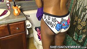 Pretty Brown Skin Girl MsNovember Voyeur Getting Dressed Slow Motion In Bathroom, Pulling Panties Up Sexy Legs.
