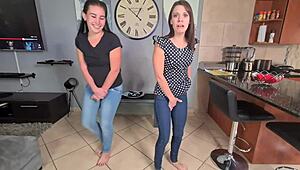 two kinky sluts soak jeans with pee before stripping