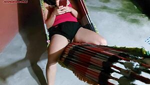 Stepmother distracted, not noticing her swollen pussy slipping out of shorts while on the hammock, driving me wild with desire.