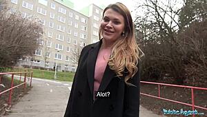 Public agent fucks Russian shaved pussy for cash