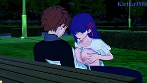 in this fate stay night hentai, sakura matou and rider have intense sex with shirou emiya leading to creampie