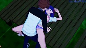 in this fate stay night hentai, sakura matou and rider have intense sex with shirou emiya leading to creampie