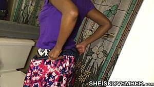 Pretty Brown Skin Girl MsNovember Voyeur Getting Dressed Slow Motion In Bathroom, Pulling Panties Up Sexy Legs.
