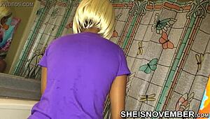 Pretty Brown Skin Girl MsNovember Voyeur Getting Dressed Slow Motion In Bathroom, Pulling Panties Up Sexy Legs.